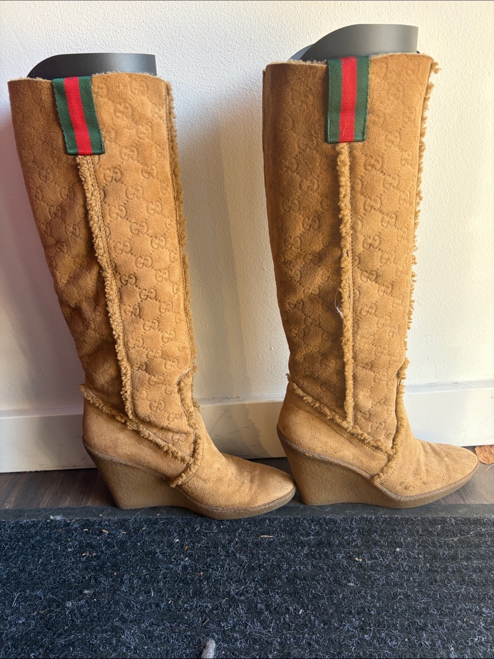 Gucci Tan Suede Over-the-Knee Wedge Boots with Green-Red Web
